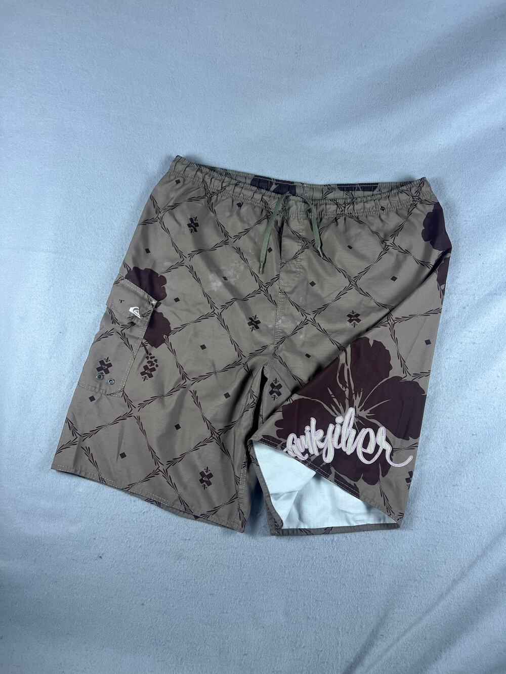 Quiksilver Board Shorts Mens XL Tan Brown Floral Print Surf Skate Swim Trunks